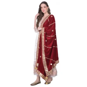 Generic Women's Velvet Gotta Patti Dupatta (Maroon, Length: 2.25 to 2.50 Mtr)