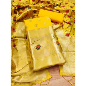 Generic Women's Banarasi Silk Printed Unstitched Salwar Suit Material With Dupatta (Yellow, 3Mtrs)