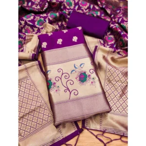 Generic Women's Banarasi Silk Printed Unstitched Salwar Suit Material With Dupatta (Purple, 3Mtrs)