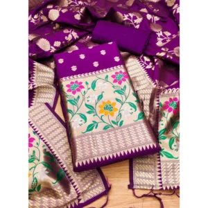 Alternative view of Generic Women's Banarasi Silk Printed Unstitched Salwar Suit Material With Dupatta (Purple, 3Mtrs)