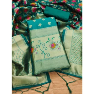 Generic Women's Banarasi Silk Printed Unstitched Salwar Suit Material With Dupatta (Rama, 3Mtrs)