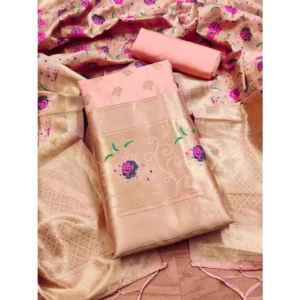 Generic Women's Banarasi Silk Printed Unstitched Salwar Suit Material With Dupatta (Peach, 3Mtrs)